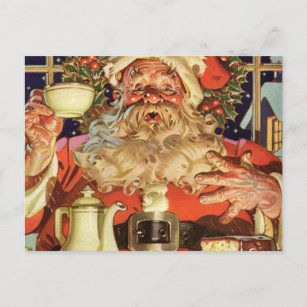 Vintage Santa Claus Drinking Tea Holiday Postcard