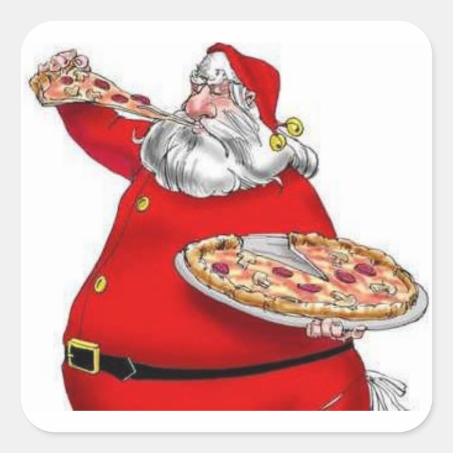 Vintage Santa Claus Eating Pizza Square Sticker (Front)