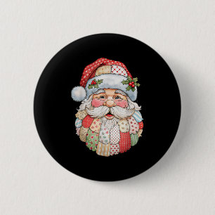 Vintage Santa Claus Face Patchwork Folk Art Christ 6 Cm Round Badge