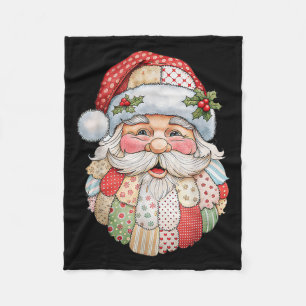 Vintage Santa Claus Face Patchwork Folk Art Christ Fleece Blanket