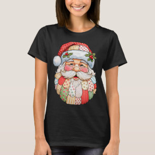 Vintage Santa Claus Face Patchwork Folk Art Christ T-Shirt