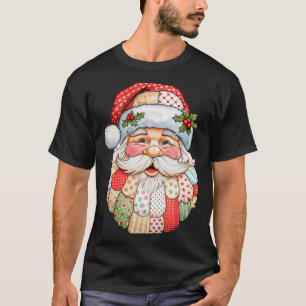 Vintage Santa Claus Face Patchwork Folk Art Christ T-Shirt