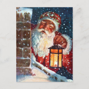 Vintage Santa Claus Father Christmas on Roof Holiday Postcard