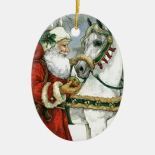 Vintage Santa Claus Feeding His White Horse Ceramic Tree Decoration