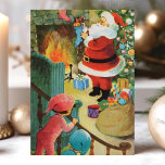 Vintage Santa Claus Fireplace Kids On Stairs Holiday Card<br><div class="desc">Vintage Santa Claus Fireplace Kids On Stairs Holiday Card. This design features Santa Claus standing at the fireplace while two kids watch from the stairs. What a beautiful retro holiday scene. Personalise this custom design with your own inside greeting.</div>