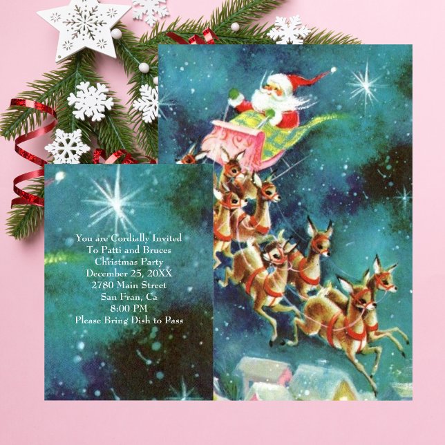 Vintage Santa Claus Flying Reindeer Invitation (Creator Uploaded)
