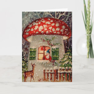 Vintage Santa Claus Gnome In Mushroom House Holiday Card
