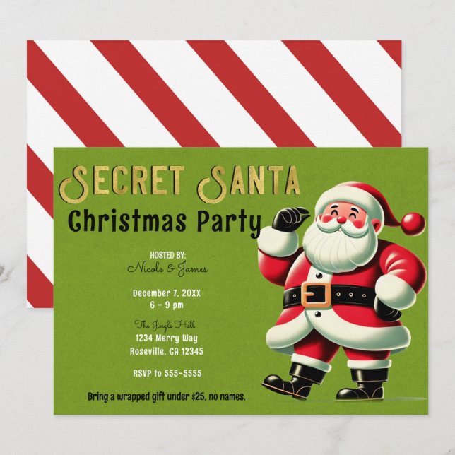 Vintage Santa Claus Green Secret Santa Party Invitation (Front/Back)