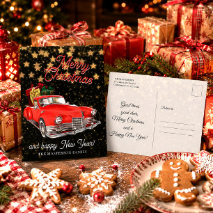 Vintage Santa Claus in a Car Christmas Greetings Postcard