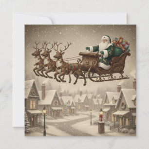 Vintage Santa Claus in his Reindeer Sleigh  Holiday Card