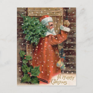 Vintage Santa Claus in Orange Dress - Christmas Holiday Postcard