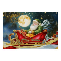 Vintage Santa Claus in Sleigh, Full Moon, Stars 