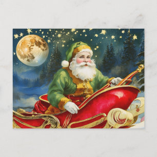 Vintage Santa Claus in Sleigh, Golden Moon, Stars  Holiday Postcard