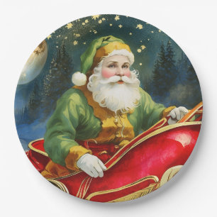 Vintage Santa Claus in Sleigh, Golden Moon, Stars Paper Plate
