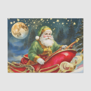 Vintage Santa Claus in Sleigh, Golden Moon, Stars  Tissue Paper