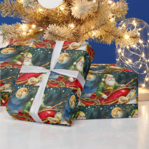 Vintage Santa Claus in Sleigh, Golden Moon, Stars  Wrapping Paper