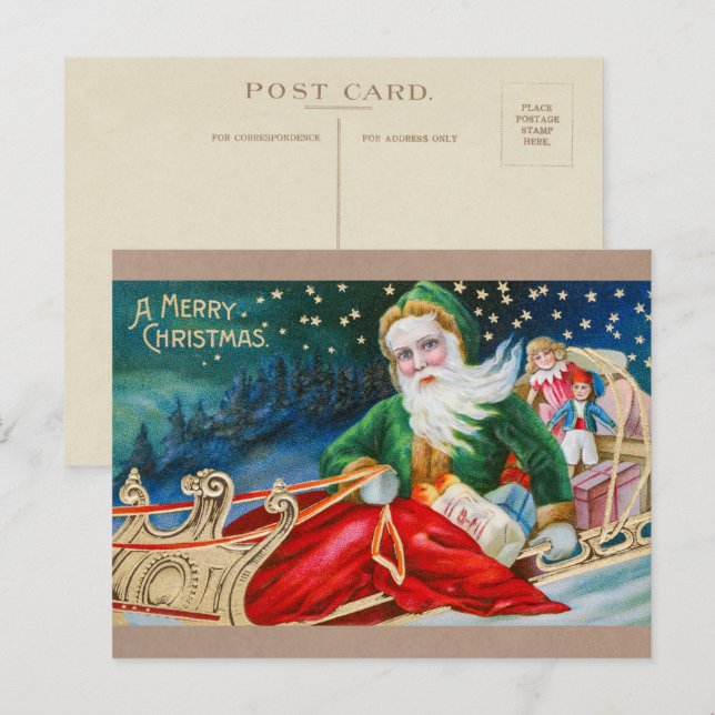 Vintage Santa Claus in Sleigh Merry Christmas Holiday Postcard (Front/Back)