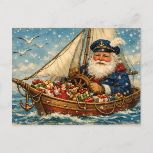 Vintage Santa Claus in the Boat with Presents Postcard