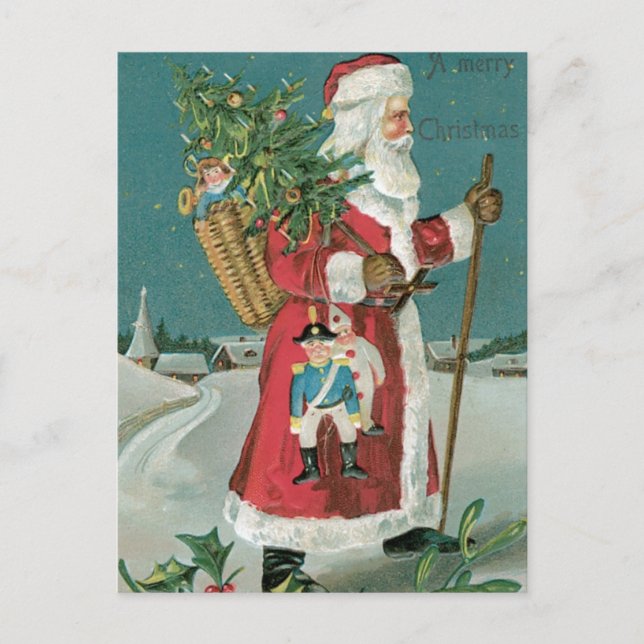 Vintage Santa Claus in the Snow Holiday Postcard (Front)
