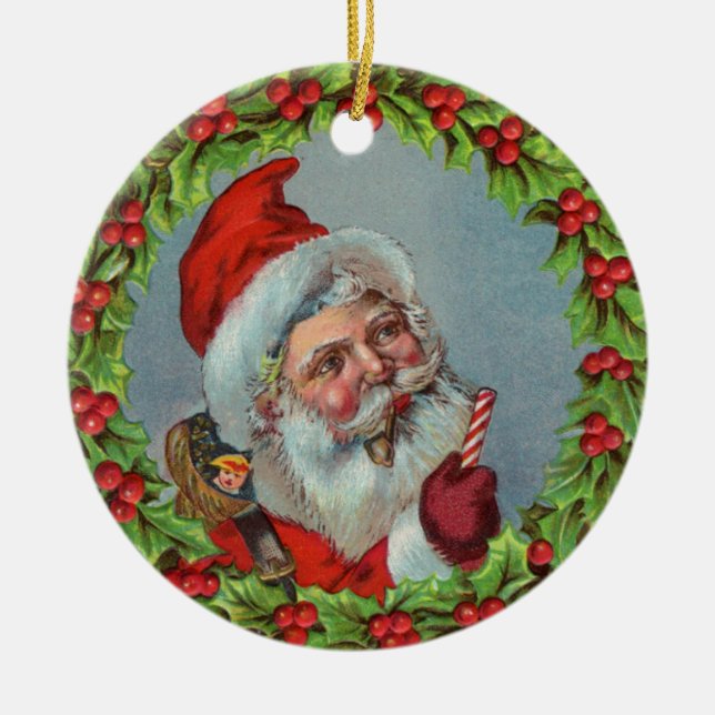 Vintage Santa Claus in Wreath Ornament (Front)