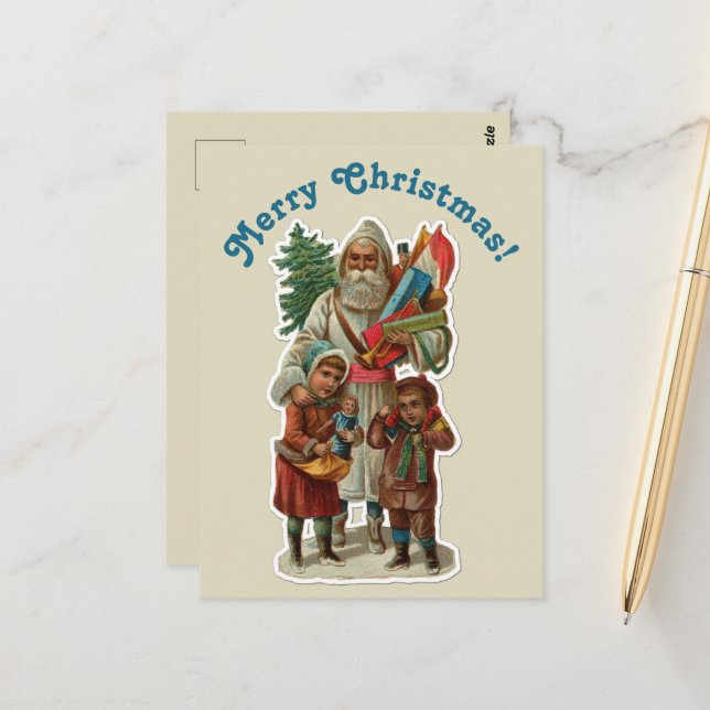 Vintage Santa Claus & Kids on Christmas Invitation Postcard (Front/Back In Situ)