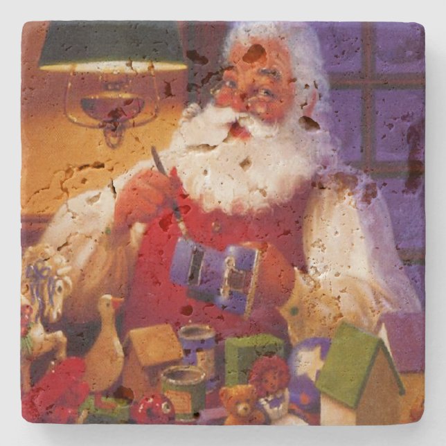 Vintage Santa Claus Making Toys Christmas Stone Coaster (Front)