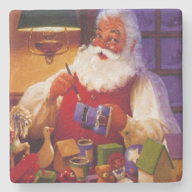 Vintage Santa Claus Making Toys Christmas Stone Coaster (Front)
