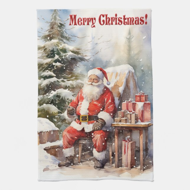 Vintage Santa Claus Merry Christmas Kitchen Towel (Vertical)