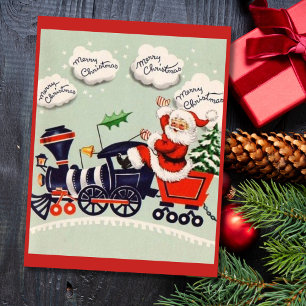 Vintage Santa Claus On Christmas Train Holiday Card
