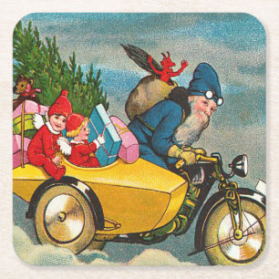 Vintage Santa Claus on Motorcycle Christmas Square Paper Coaster