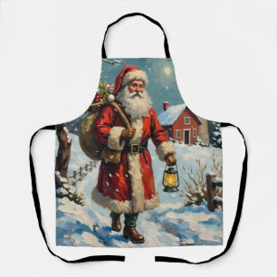Vintage Santa Claus on Snowy Farmhouse Path Apron