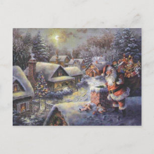 Vintage Santa Claus On The Roof Holiday Postcard