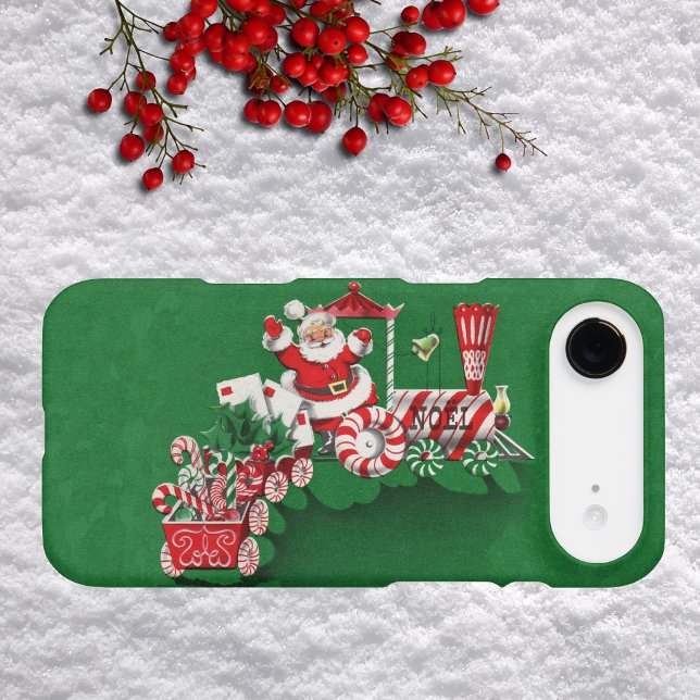Vintage Santa Claus Peppermint Candy Train (Santa Claus driving Christmas Train with candy canes letters on dark green phone case.)