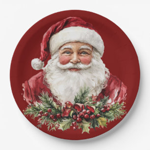 Vintage Santa Claus Red Christmas Paper Plate