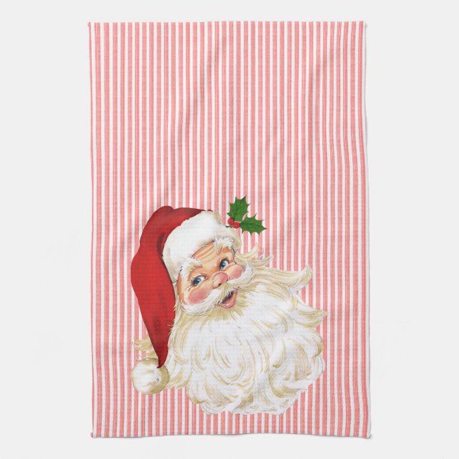 Vintage Santa Claus Red & White Stripe Tea Towel (Vertical)