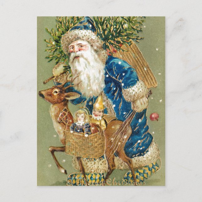 Vintage Santa Claus Reindeer Christmas Postcard (Front)
