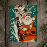 Vintage Santa Claus   Reindeer Sledding Retro xmas Postcard<br><div class="desc">retro graphic depicting a gleeful saint nicholas at the front of a long toboggan,  with all of his reindeer behind him. everyone seems to be have a fantastic time.</div>