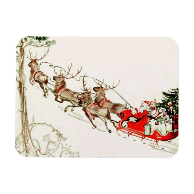 Vintage Santa Claus Reindeer Sleigh Christmas Eve Magnet (Horizontal)