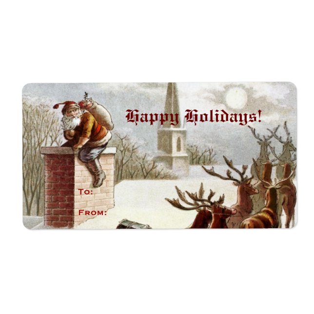 Vintage Santa Claus Reindeer Sleigh gift tag label (Front)