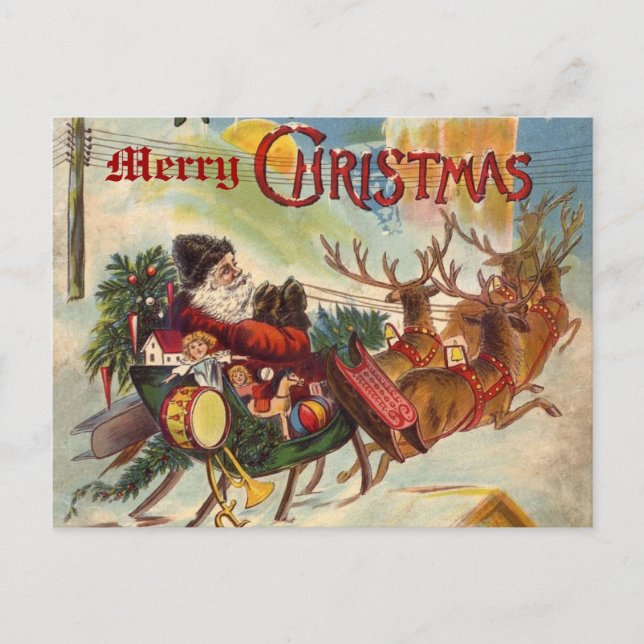 Vintage Santa Claus Reindeer Sleigh postcard (Front)