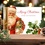 Vintage Santa Claus Retro Holiday Christmas Postcard<br><div class="desc">Vintage Santa Claus Retro Holiday Christmas Postcard. An old world victorian Santa walking through the front door bearing gifts adorns this beautiful holiday party invitation. Accented with watercolor holly leaves. Personalise this custom design with your own greeting.</div>