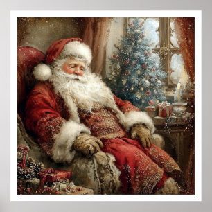 Vintage Santa Claus Sleeping Illustration Style Poster