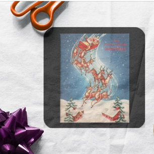 Vintage Santa Claus Sleigh and Reindeer Flying Square Sticker
