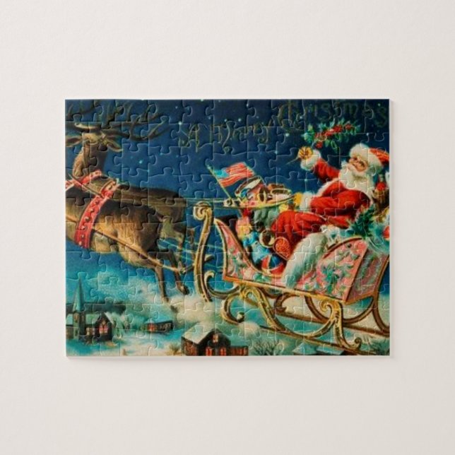 Vintage Santa Claus Sleigh Christmas Holiday Jigsaw Puzzle (Horizontal)