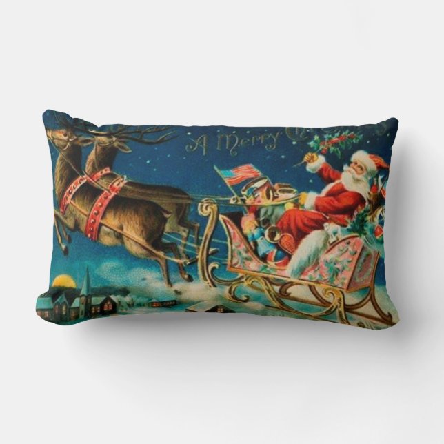 Vintage Santa Claus Sleigh Christmas Holiday Lumbar Cushion (Front)
