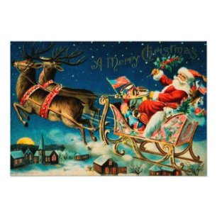 Vintage Santa Claus Sleigh Christmas Holiday Photo Print