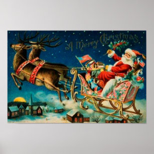 Vintage Santa Claus Sleigh Christmas Holiday Poster