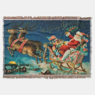 Vintage Santa Claus Sleigh Christmas Holiday Throw Blanket