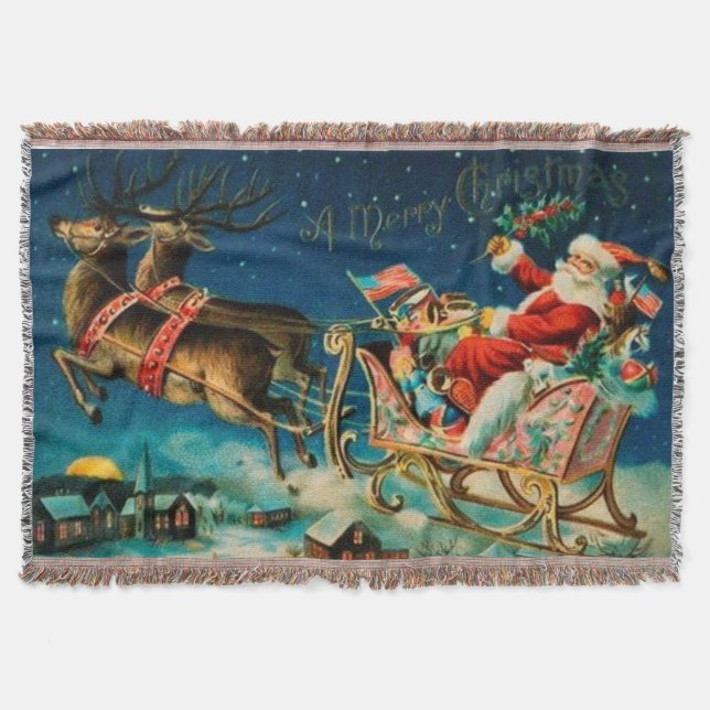 Vintage Santa Claus Sleigh Christmas Holiday Throw Blanket (Front)