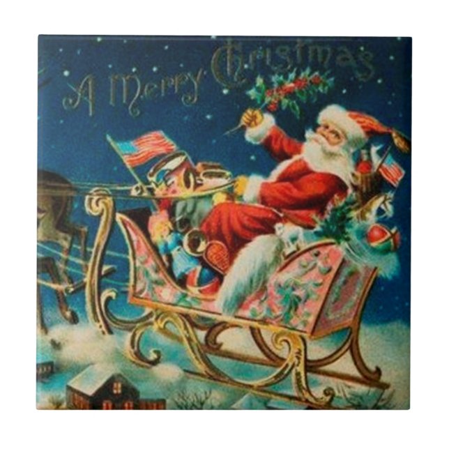 Vintage Santa Claus Sleigh Christmas Holiday Tile (Front)